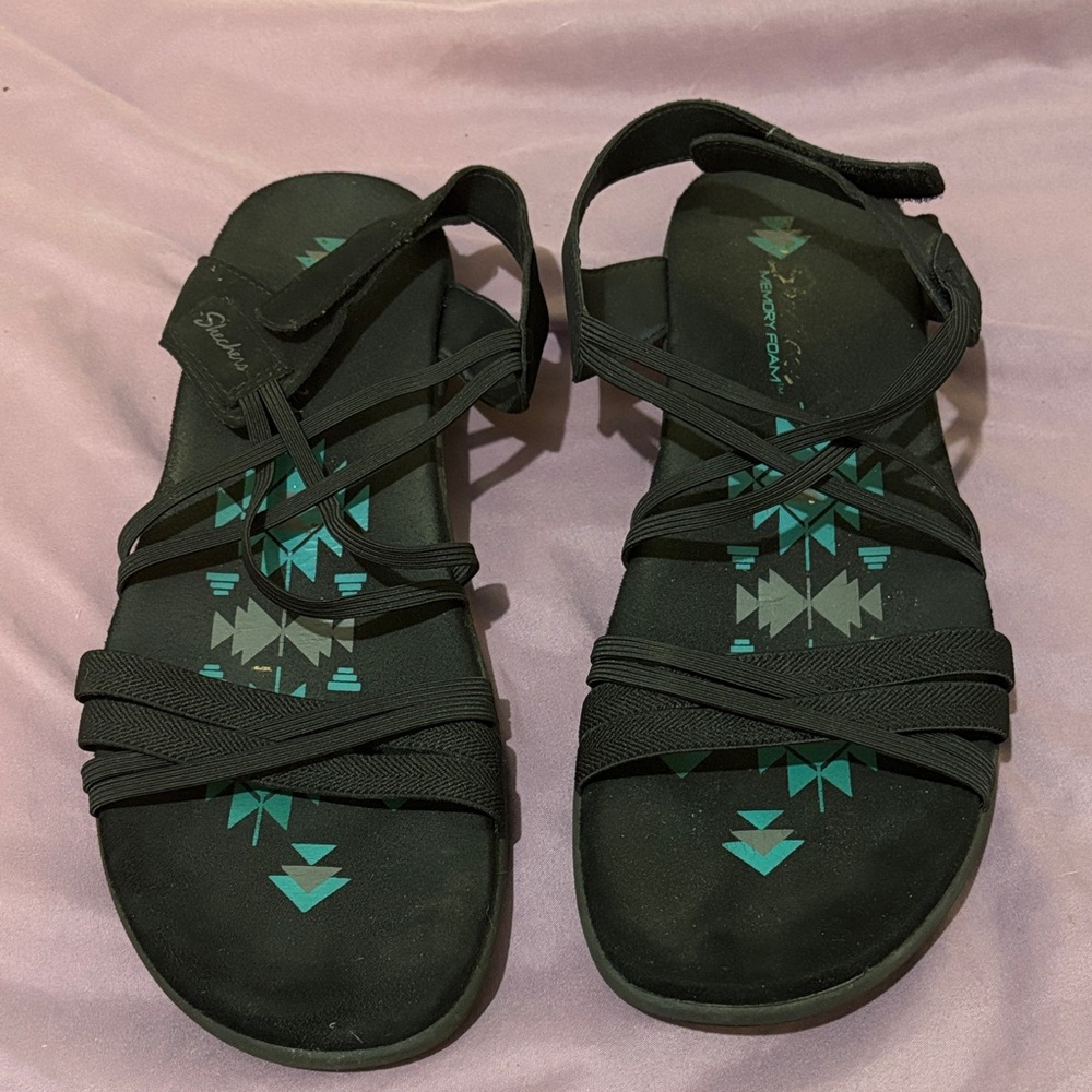 Skechers Black Sandals with Teal Patterns